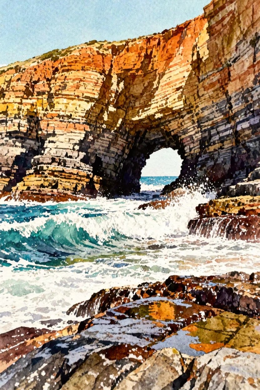 Watercolor painting of a rocky cliff with a natural arch overlooking turquoise ocean waves under a clear sky.
