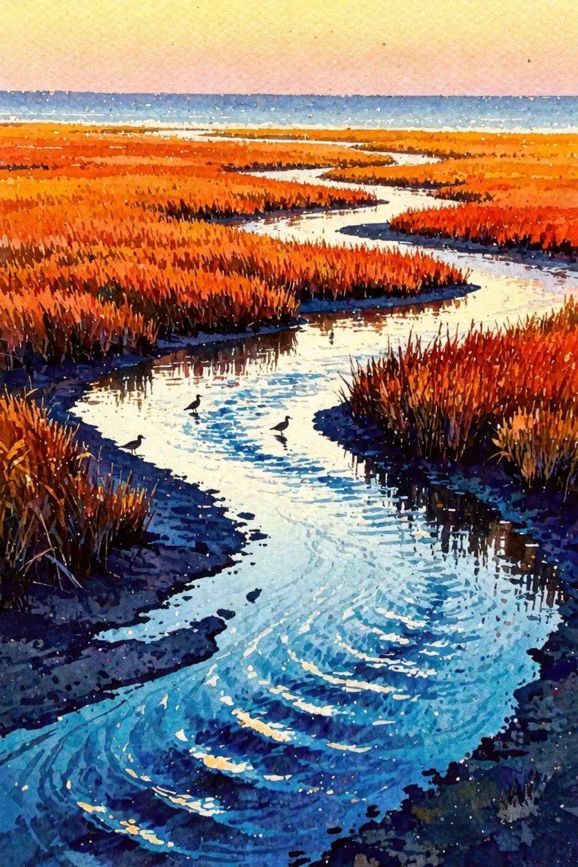 Watercolor of winding blue creek through vibrant orange marsh at sunset with wading birds.