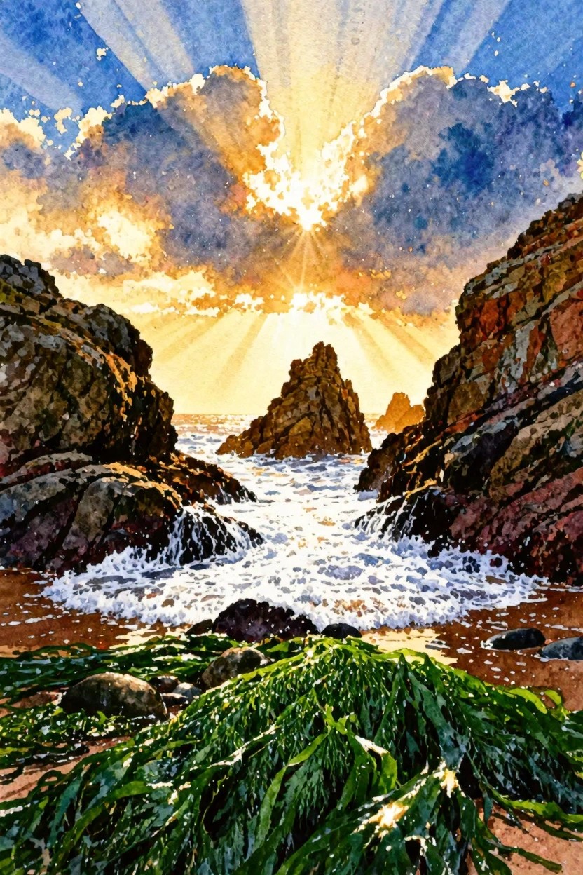 Watercolor painting of a sunset over a rocky beach with waves, cliffs on both sides, and green seaweed in the foreground.