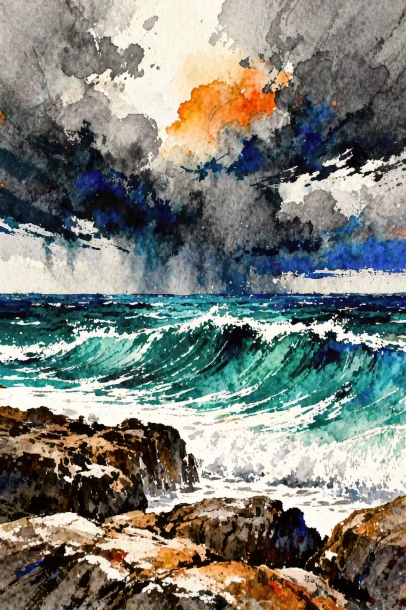 Watercolor seascape of crashing teal waves on rocks under stormy orange clouds