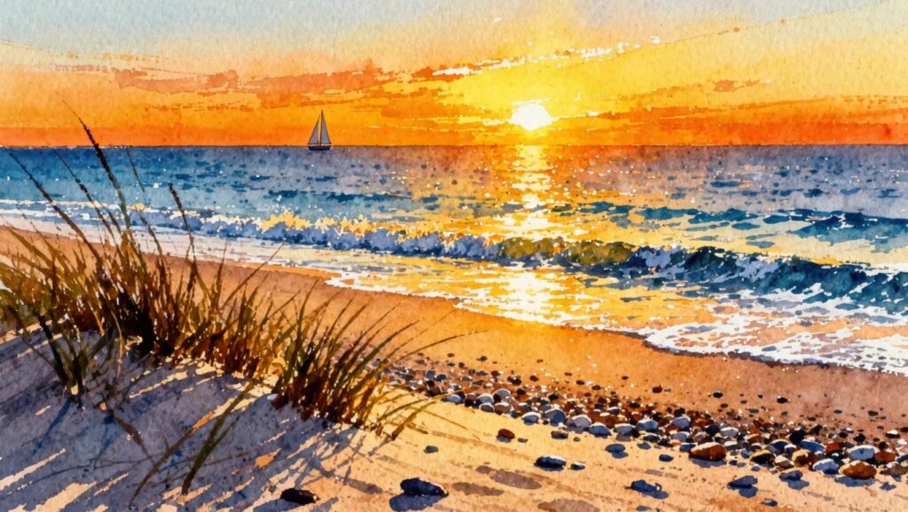 Watercolor sunset beach with golden waves, dune grass, and distant sailboat