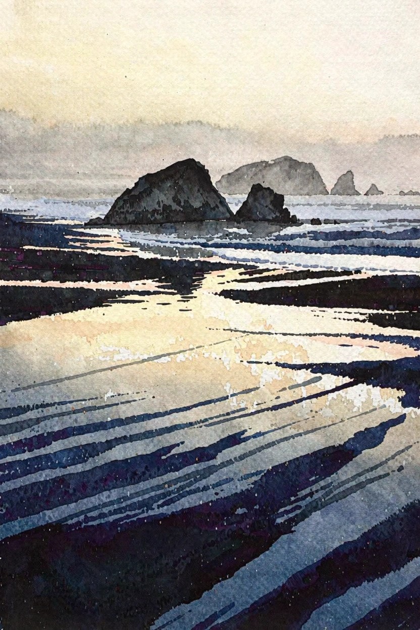 Watercolor seascape of light reflections on wet beach sand with dark rock islands.