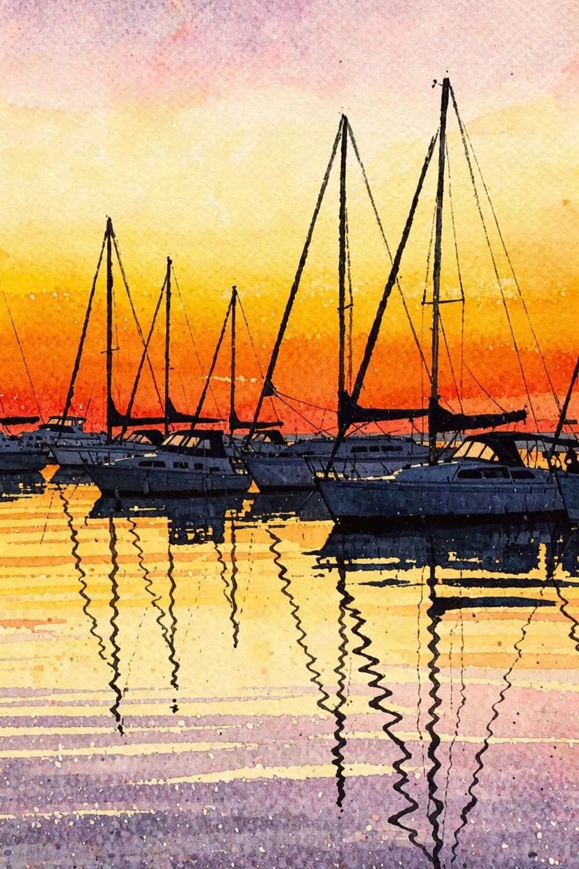 Watercolor of silhouetted sailboats at sunset with colorful wavy reflections in water.