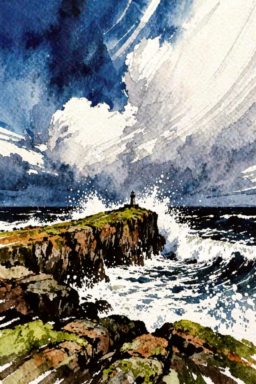 Watercolor of lighthouse on rocky cliff with crashing white waves under stormy sky