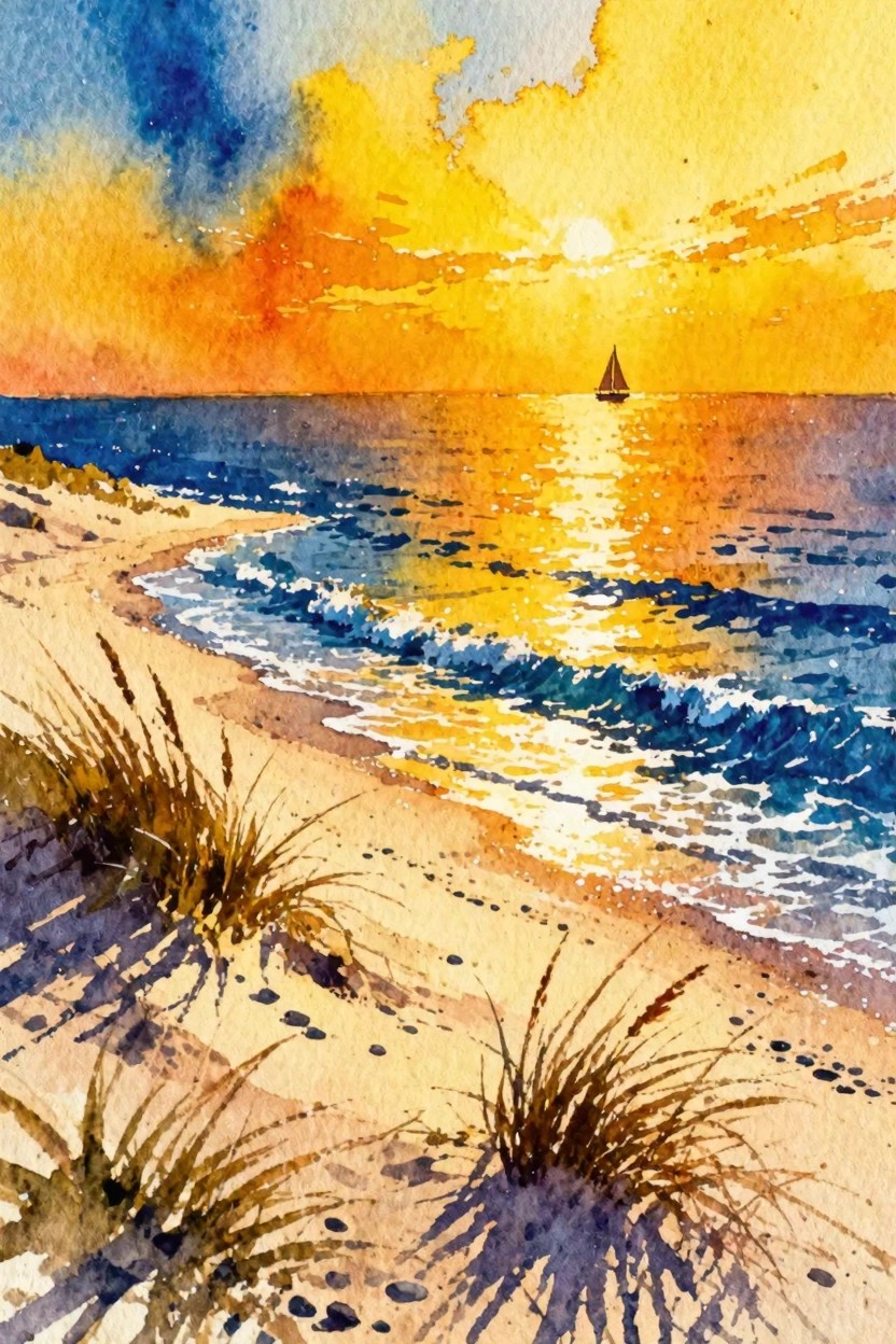 Watercolor sunset beach with golden waves, dune grass, and distant sailboat
