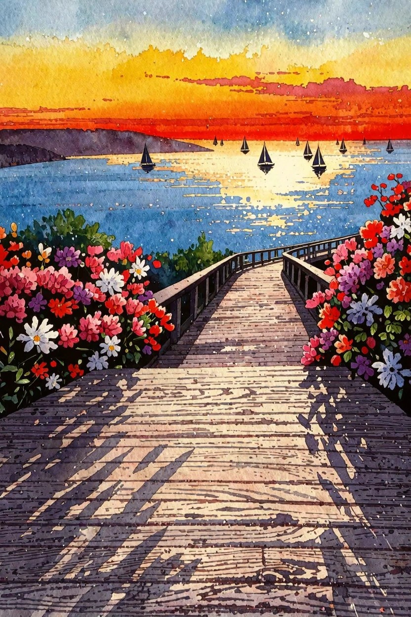 Colorful flowers border wooden pier descending to sunset sea with distant sailboats.