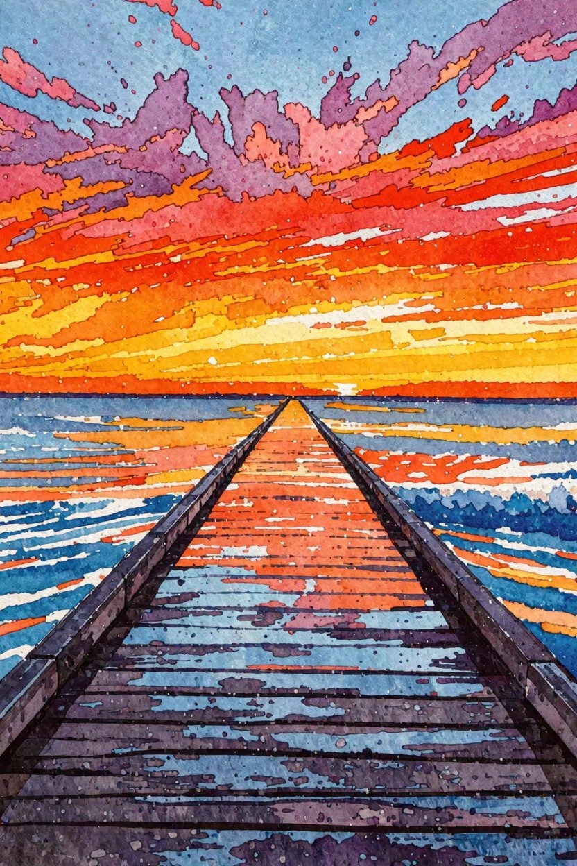 Vibrant watercolor of wooden pier extending into colorful sunset over ocean waves