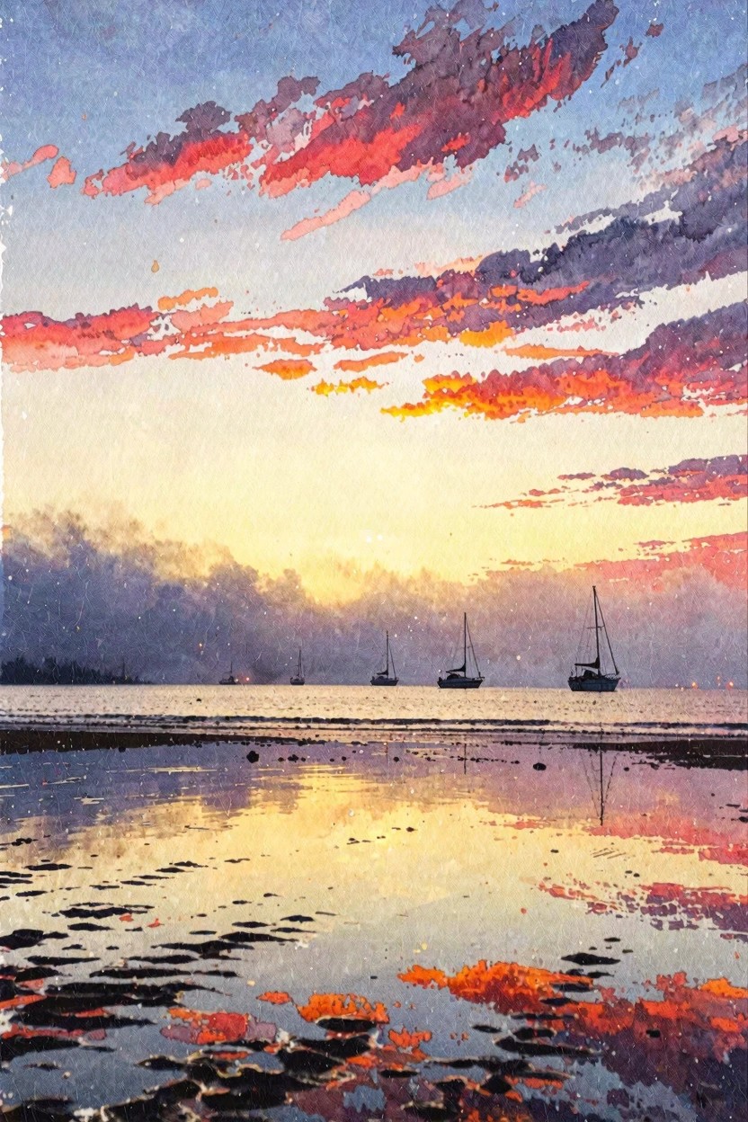 Vibrant watercolor sunset over ocean with sailboats and glowing reflections in water