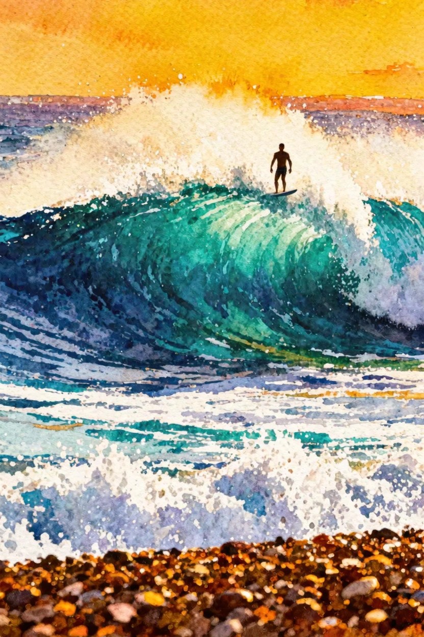 Watercolor of silhouetted surfer riding turquoise wave under orange sky, pebble beach foreground.