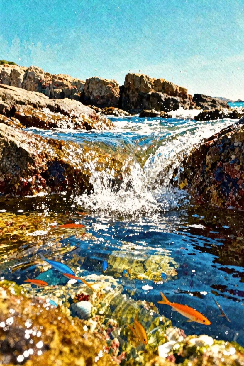 A painting of a rocky tide pool with orange and blue fish in clear water, waves splashing over the rocks under a bright blue sky.