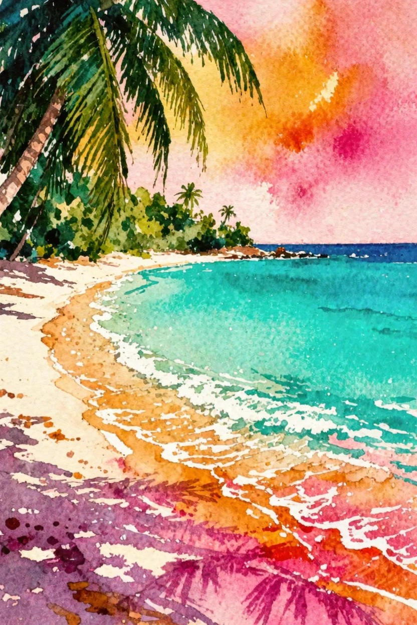 Watercolor tropical beach with palm tree, turquoise waves, and vibrant pink-orange sunset sky.