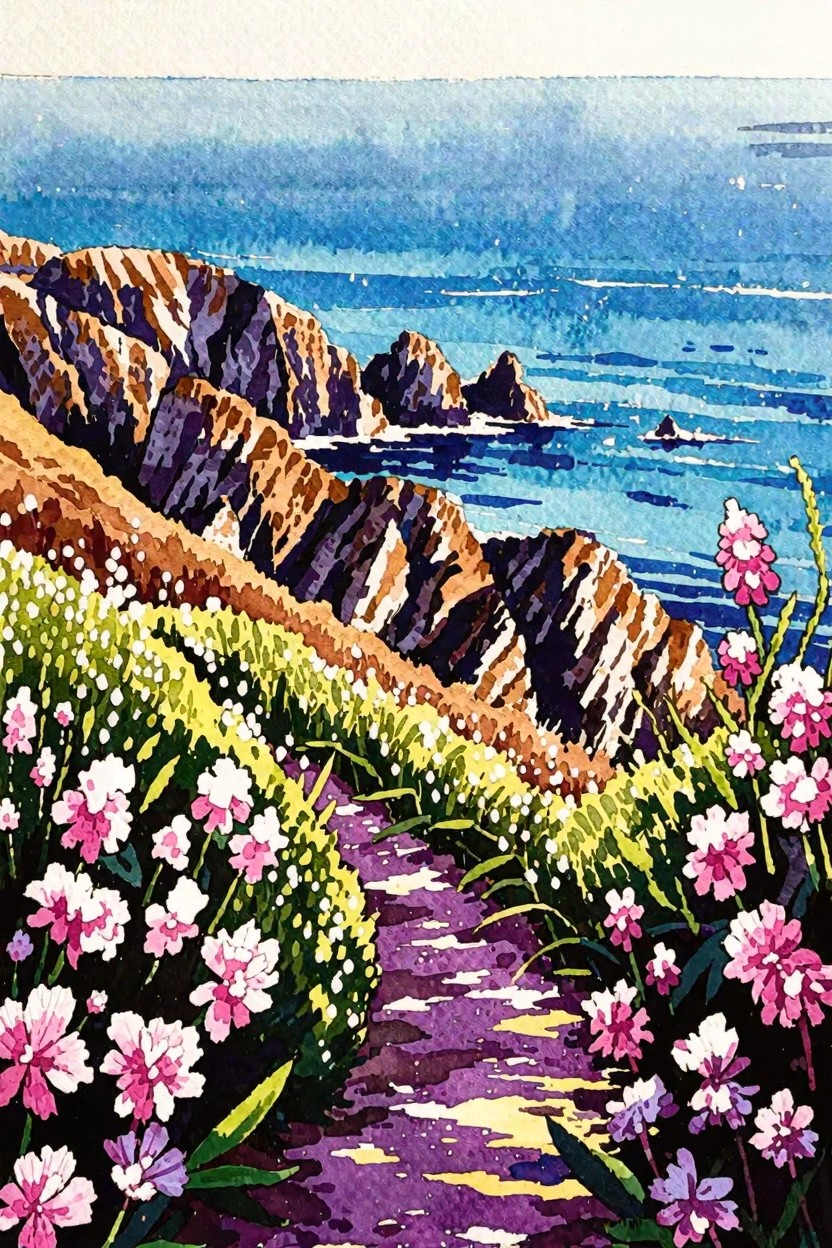 A painting shows a purple path lined with pink and white flowers leading through green hills to rocky cliffs and blue ocean.