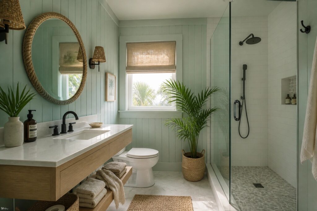 24 Breezy Coastal Bathroom Paint Colors Made for Light, Beachy, Relaxed Rooms A bathroom with soft mint green walls and a white oak vanity.