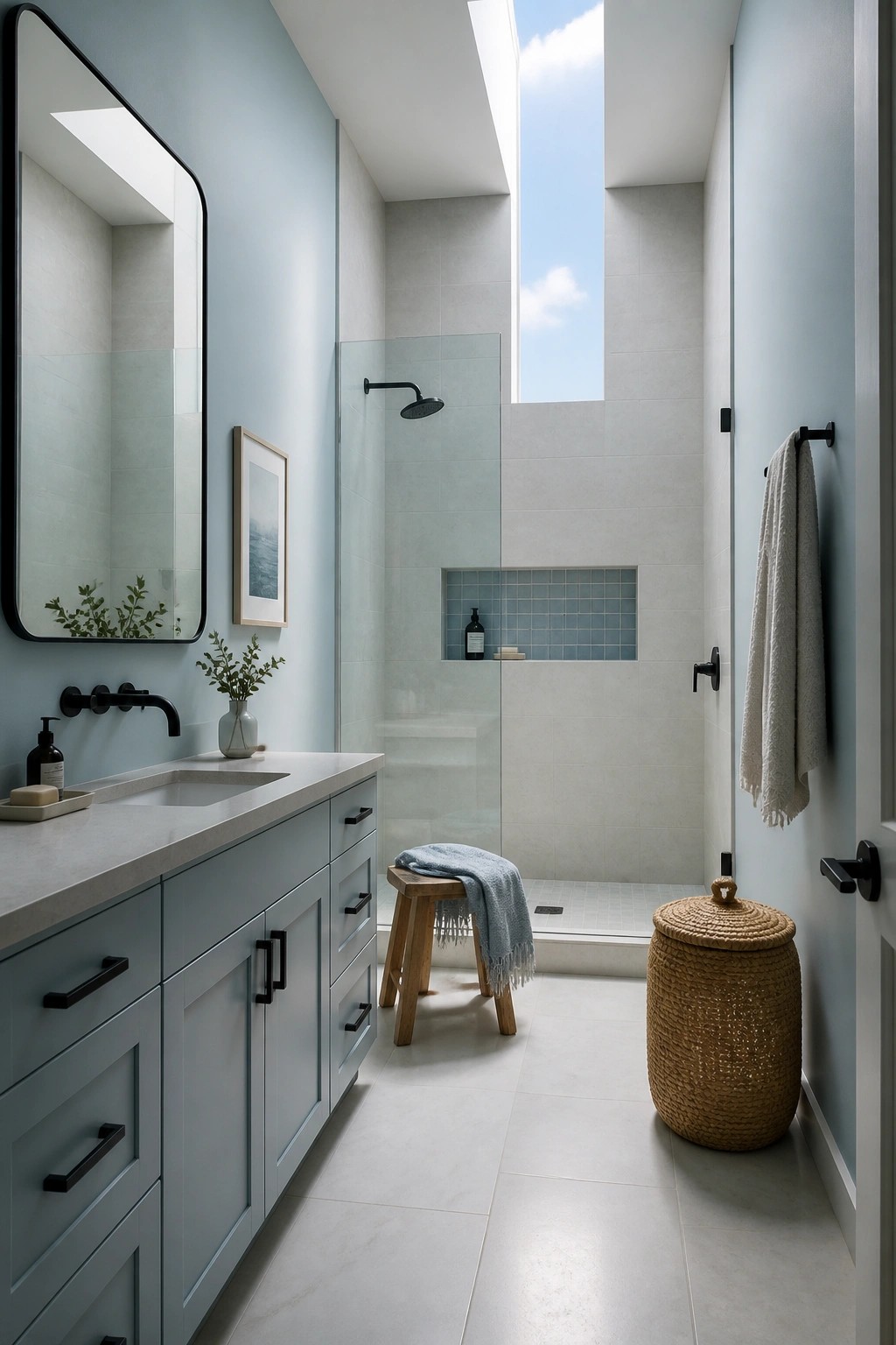Light blue gray walls in a coastal style bathroom with white tile and a glass shower.