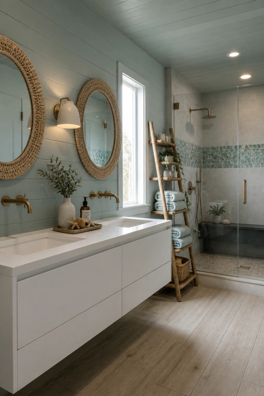 Bathroom walls painted a soft blue green with a white vanity and wood floor.