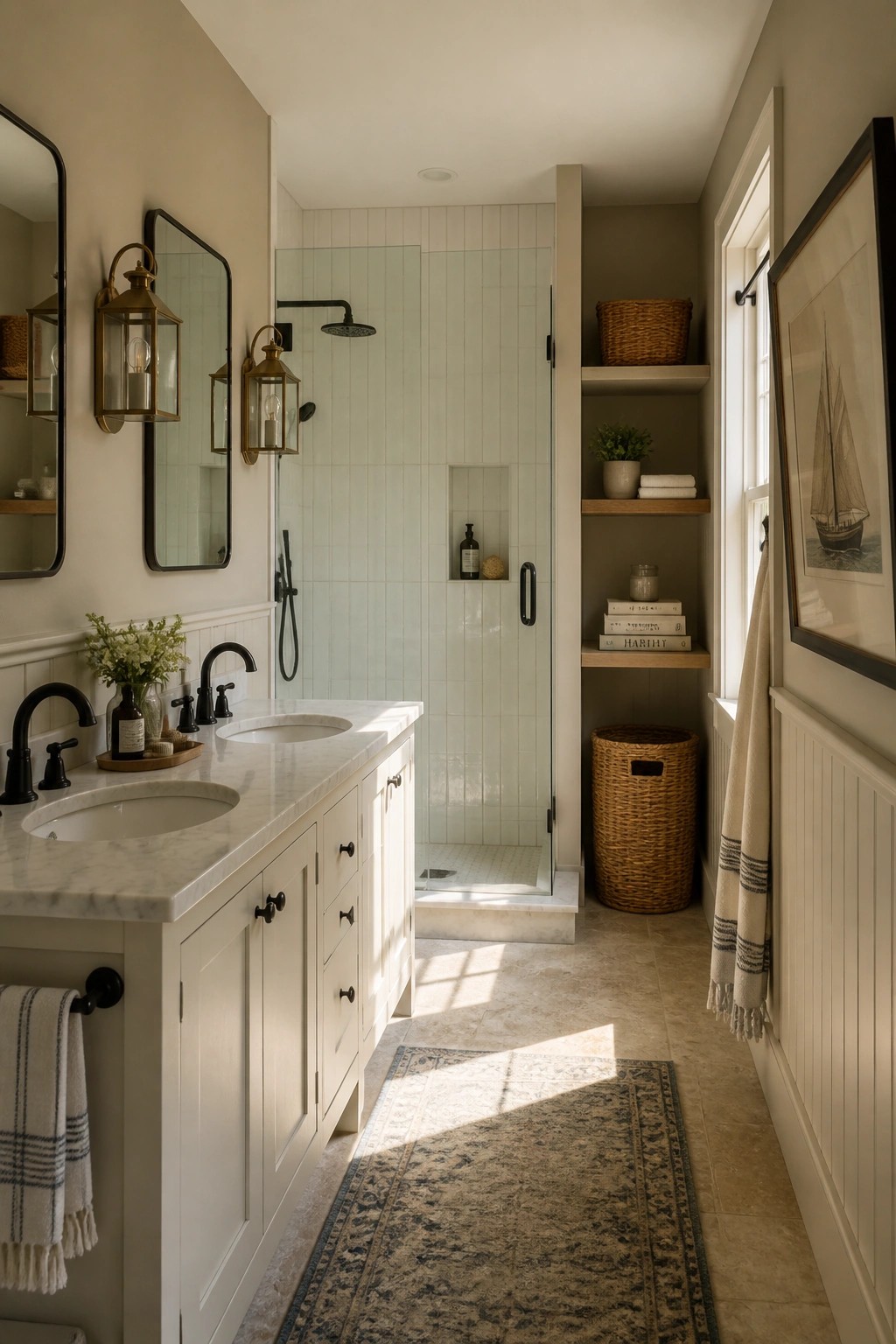 Light greige walls in a coastal bathroom with white vanity and open shower.