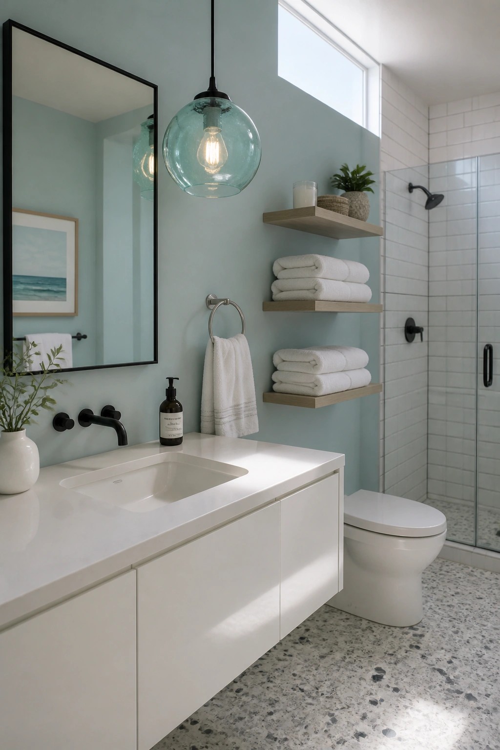 A bathroom with soft aqua painted walls and a white floating vanity.