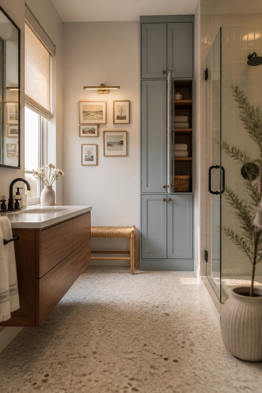 A bathroom featuring tall cabinets painted in a soft blue gray color.