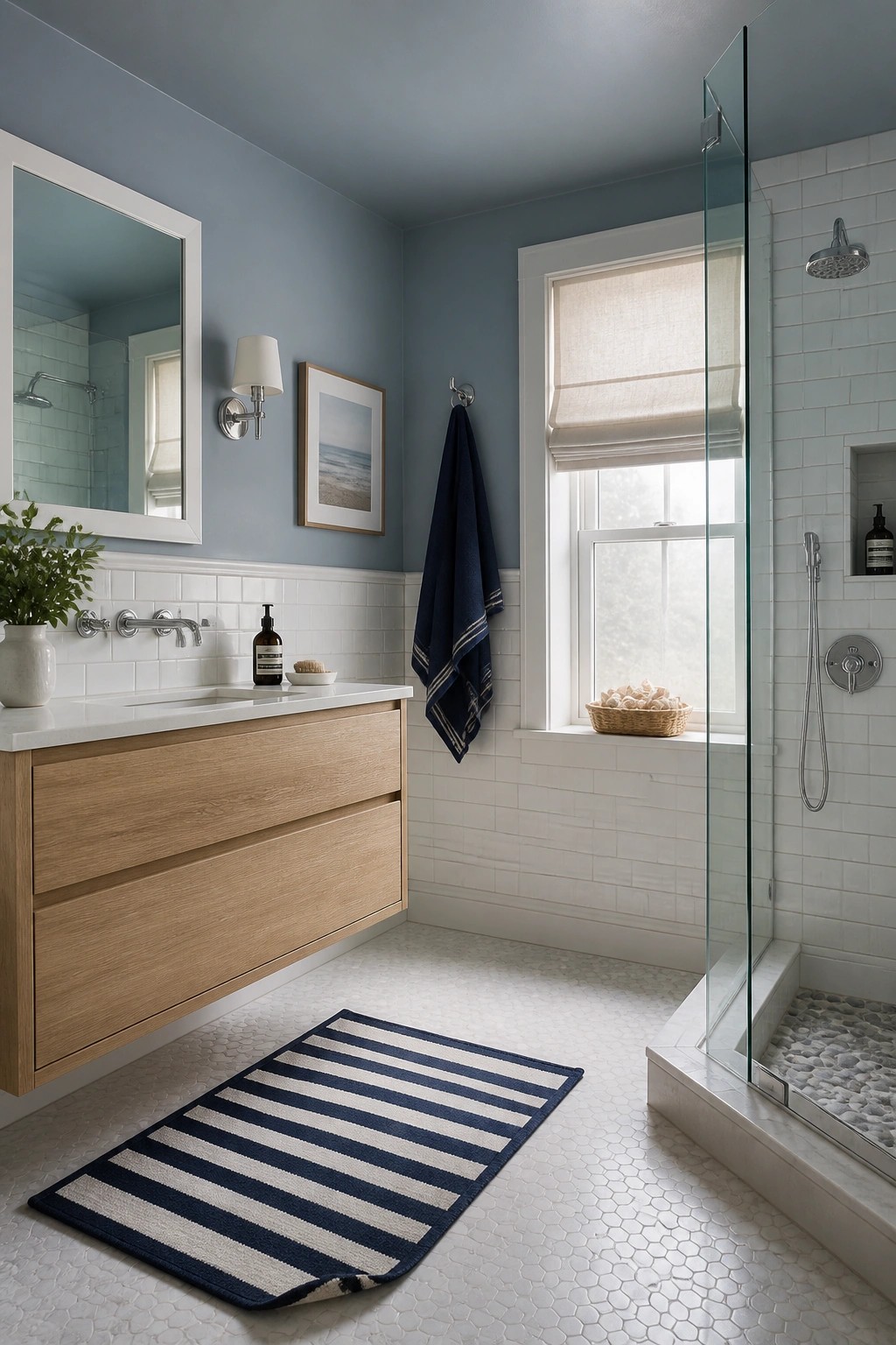 Bathroom walls painted in a soft blue-gray with white tile below.