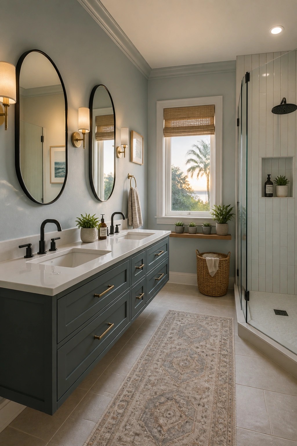 Light blue gray walls in a coastal bathroom with a double vanity and white tile shower.