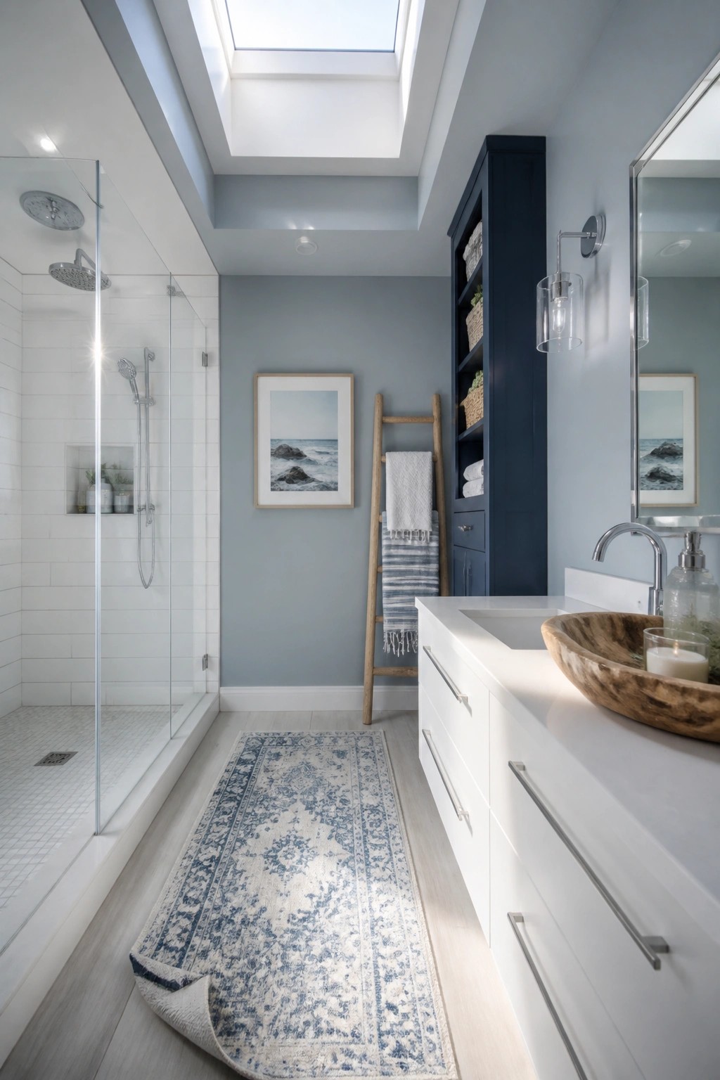 Bathroom with soft blue gray walls, white vanity, and wood accents.