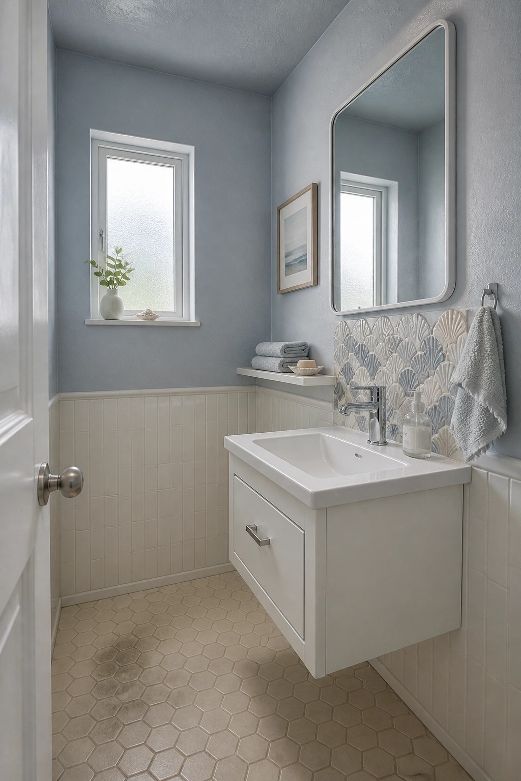 Modern bathroom with white floating vanity, blue walls, and hexagonal tiles.