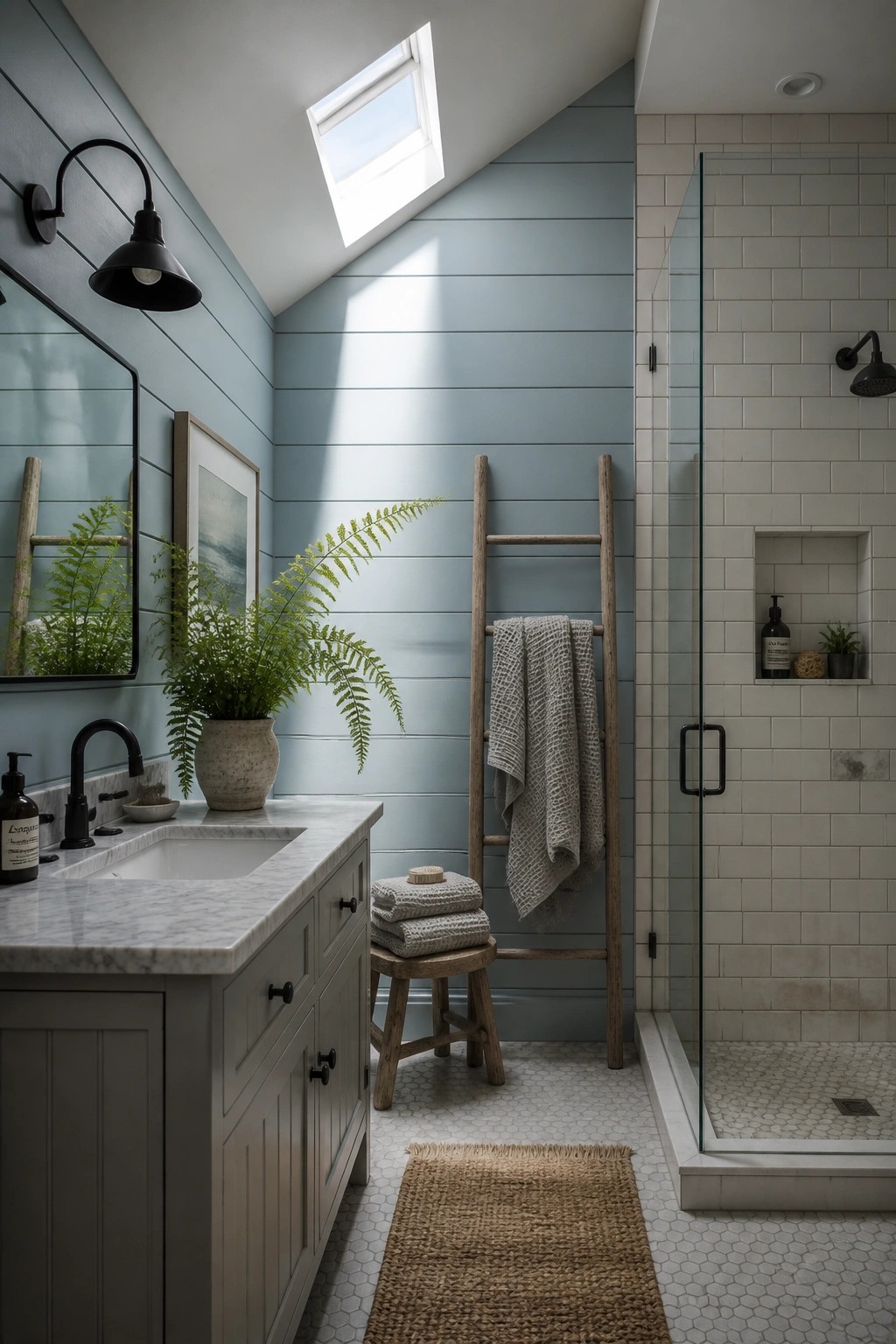 Bathroom walls painted in a soft blue gray with white subway tile.