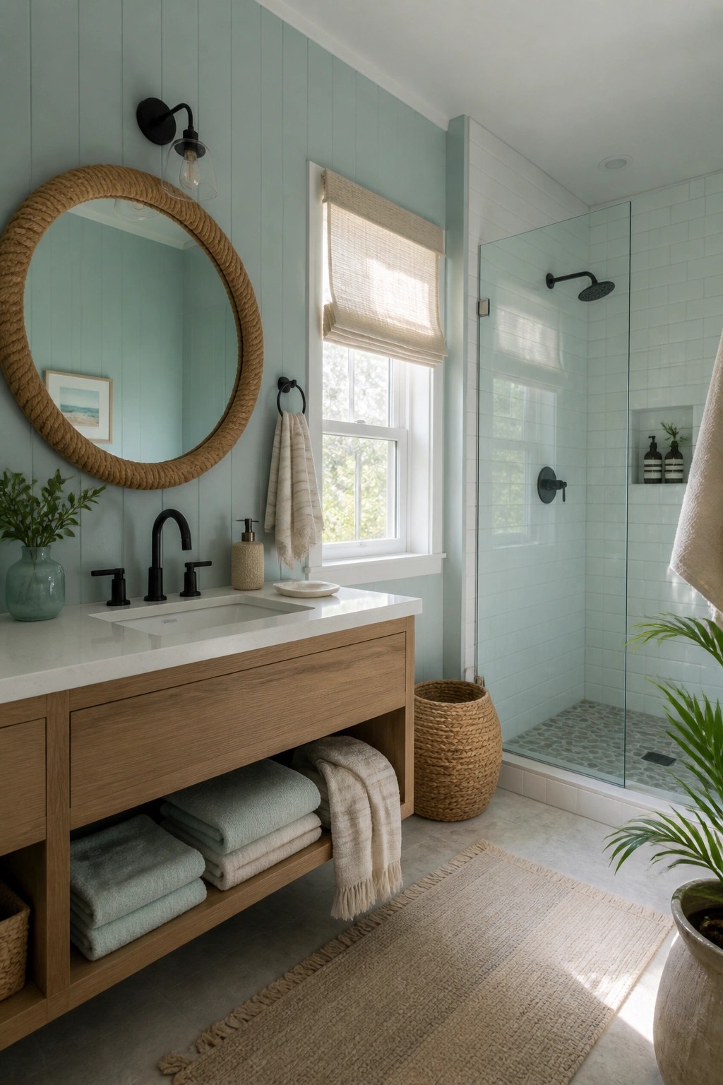 A bathroom with soft mint green walls and a white oak vanity.