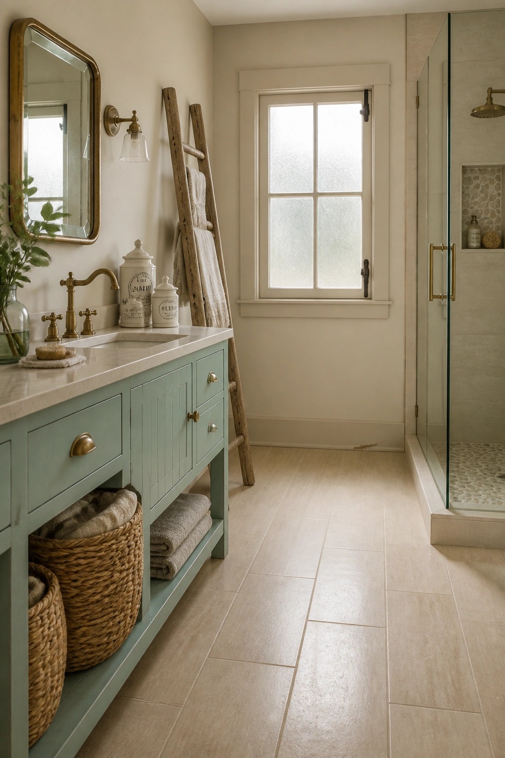 A bathroom vanity painted in soft sage green with open lower shelves holding woven baskets.