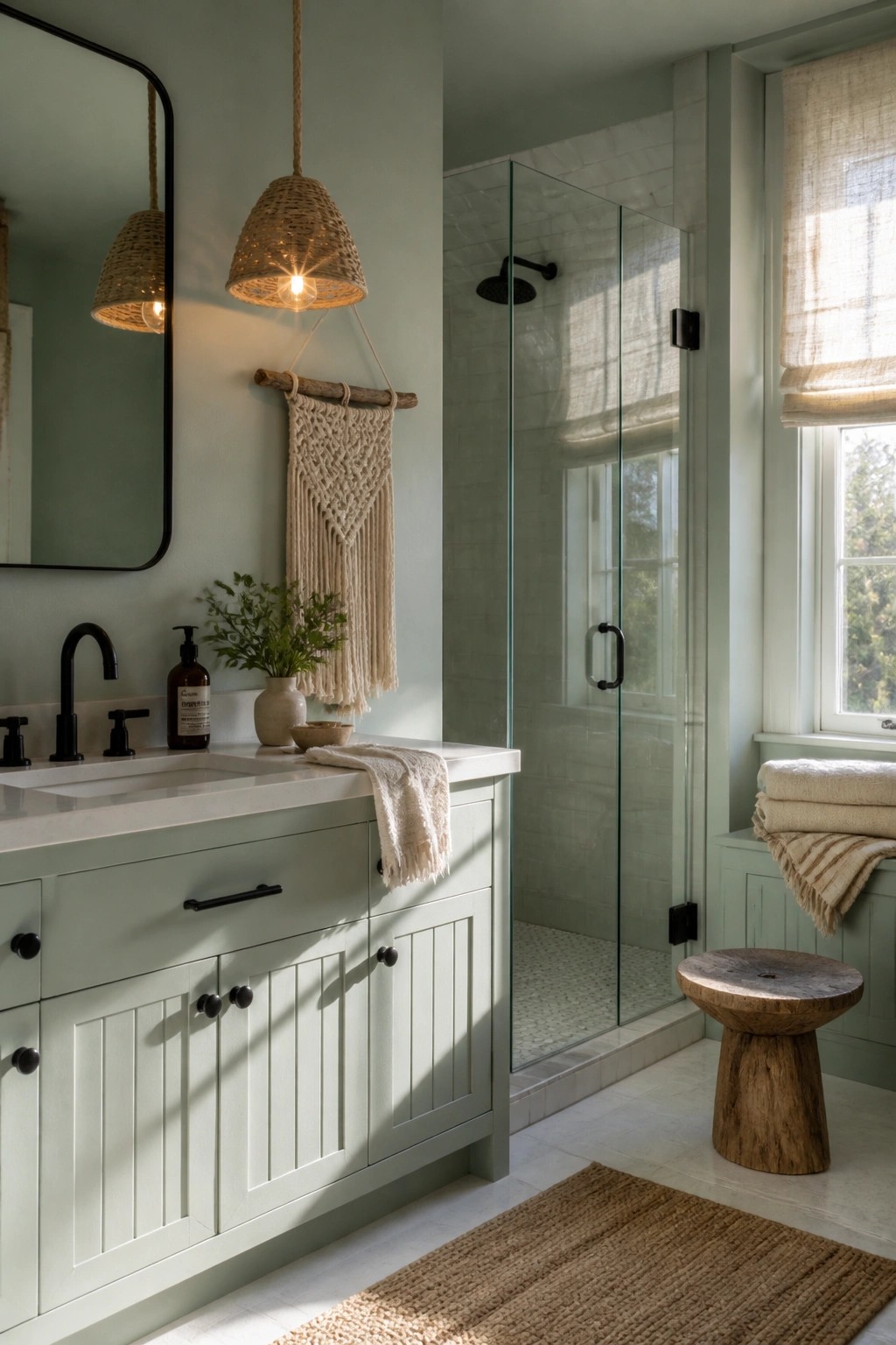 Bathroom walls and vanity painted in a soft sage green.