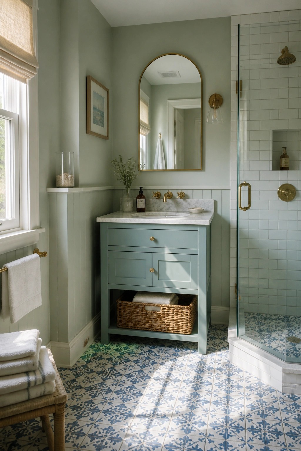Bright bathroom with sage walls, teal vanity, arched mirror, and patterned tile floor.