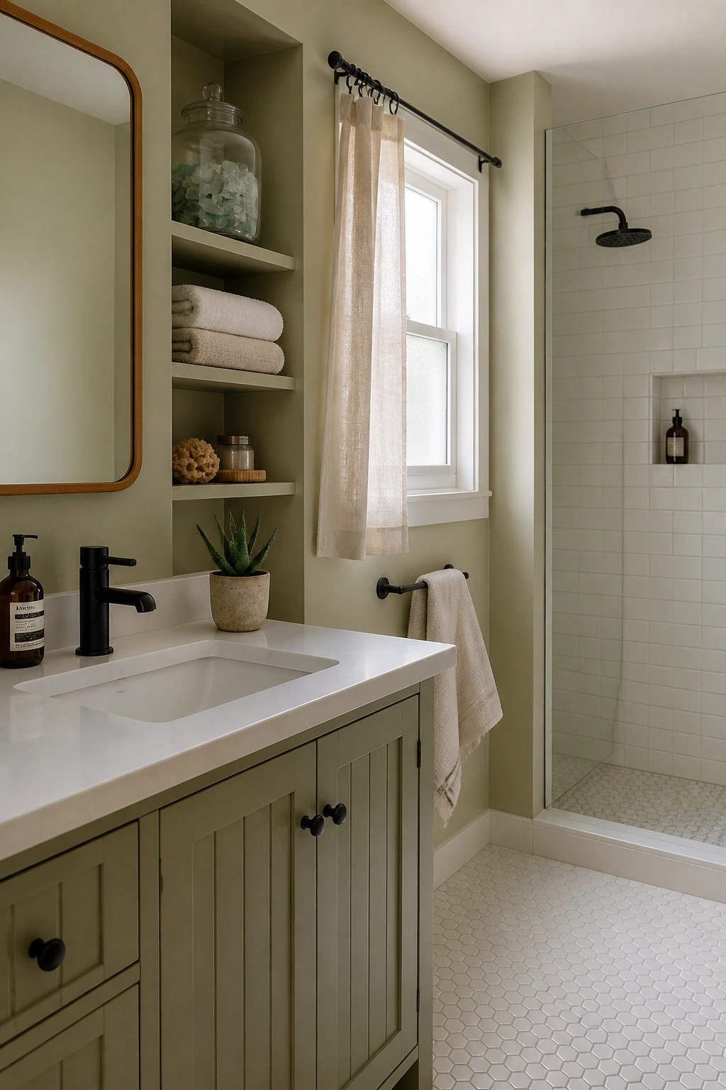 A bathroom featuring soft sage green walls and a matching painted vanity.