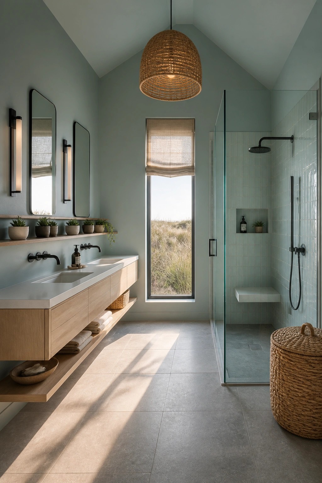 Light sage green walls in a coastal bathroom with a long wood vanity and a tall window.