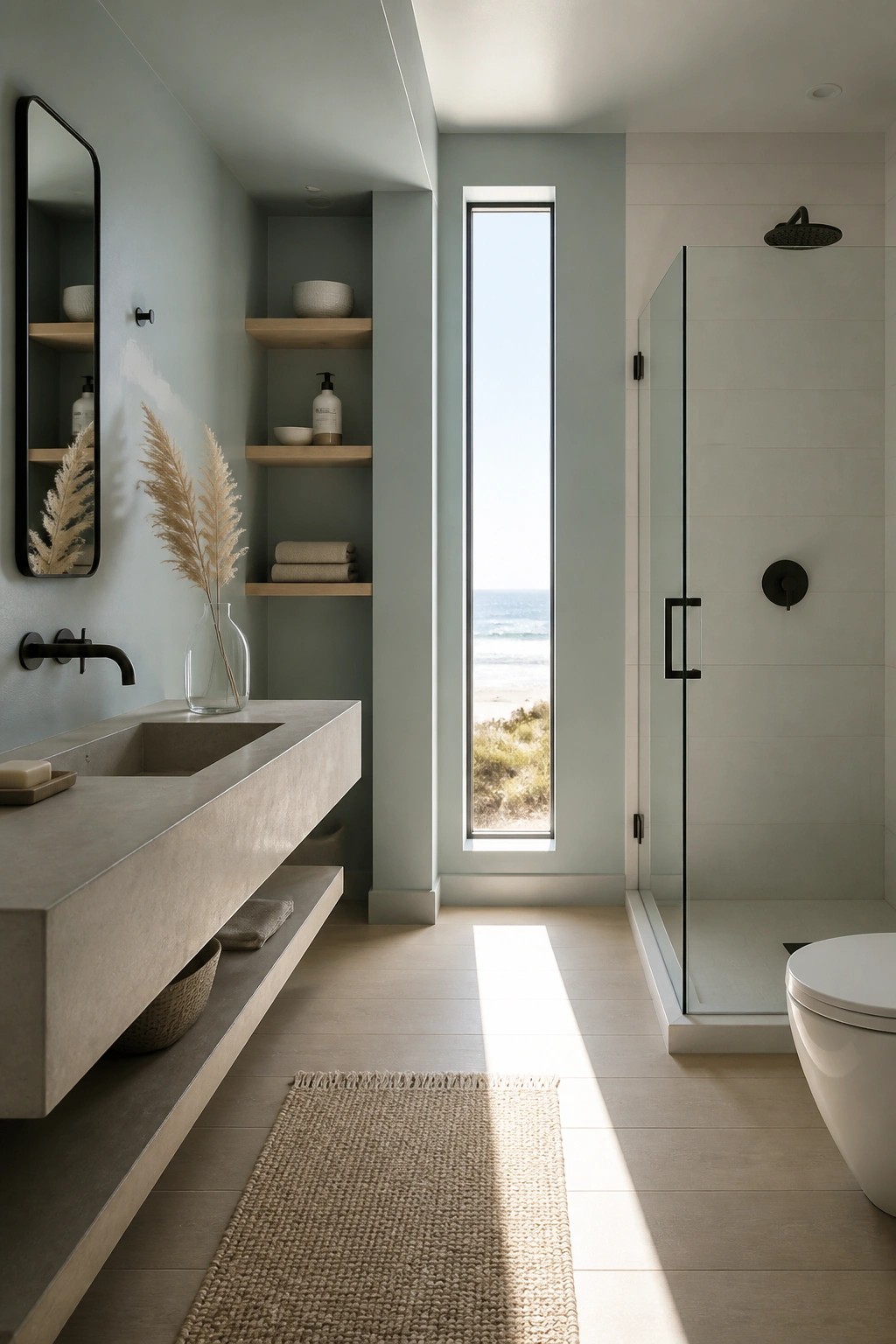 A bathroom with soft sage green walls and a tall narrow window.