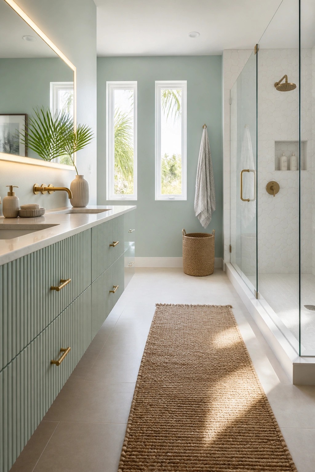 Modern bathroom with sage green vanity, gold fixtures, glass shower, and woven rug.