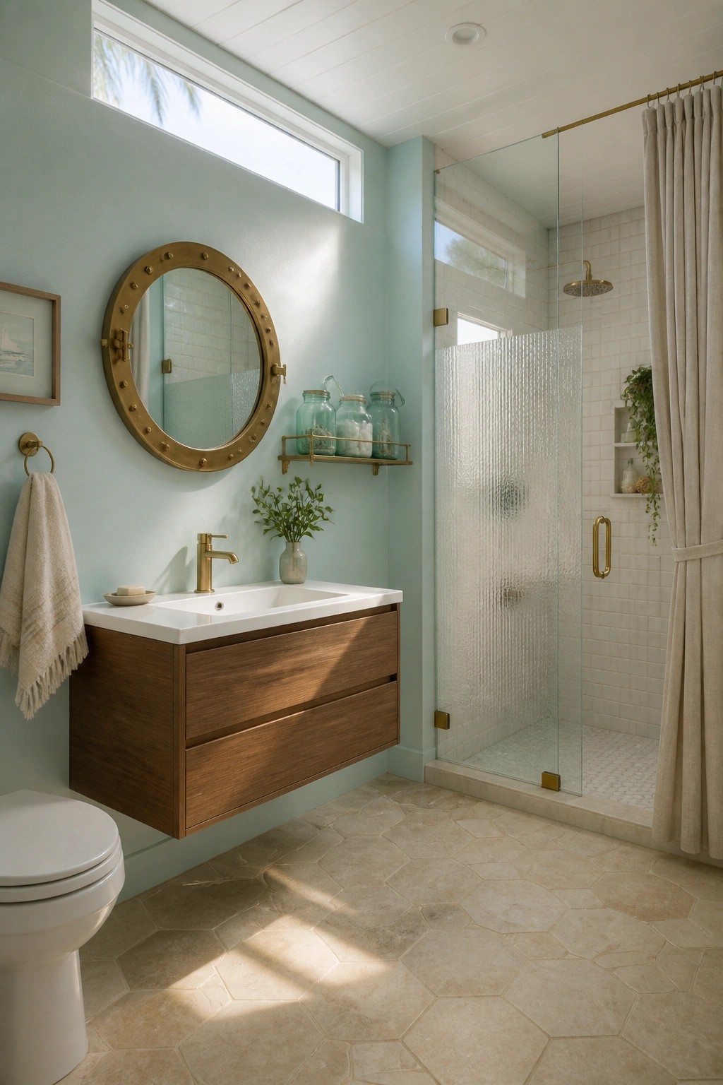 A bathroom with soft seafoam green walls and a floating wood vanity.