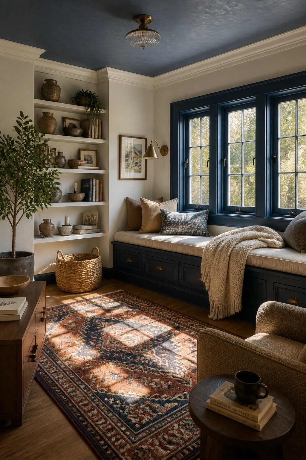 A room with a deep blue ceiling and white walls.