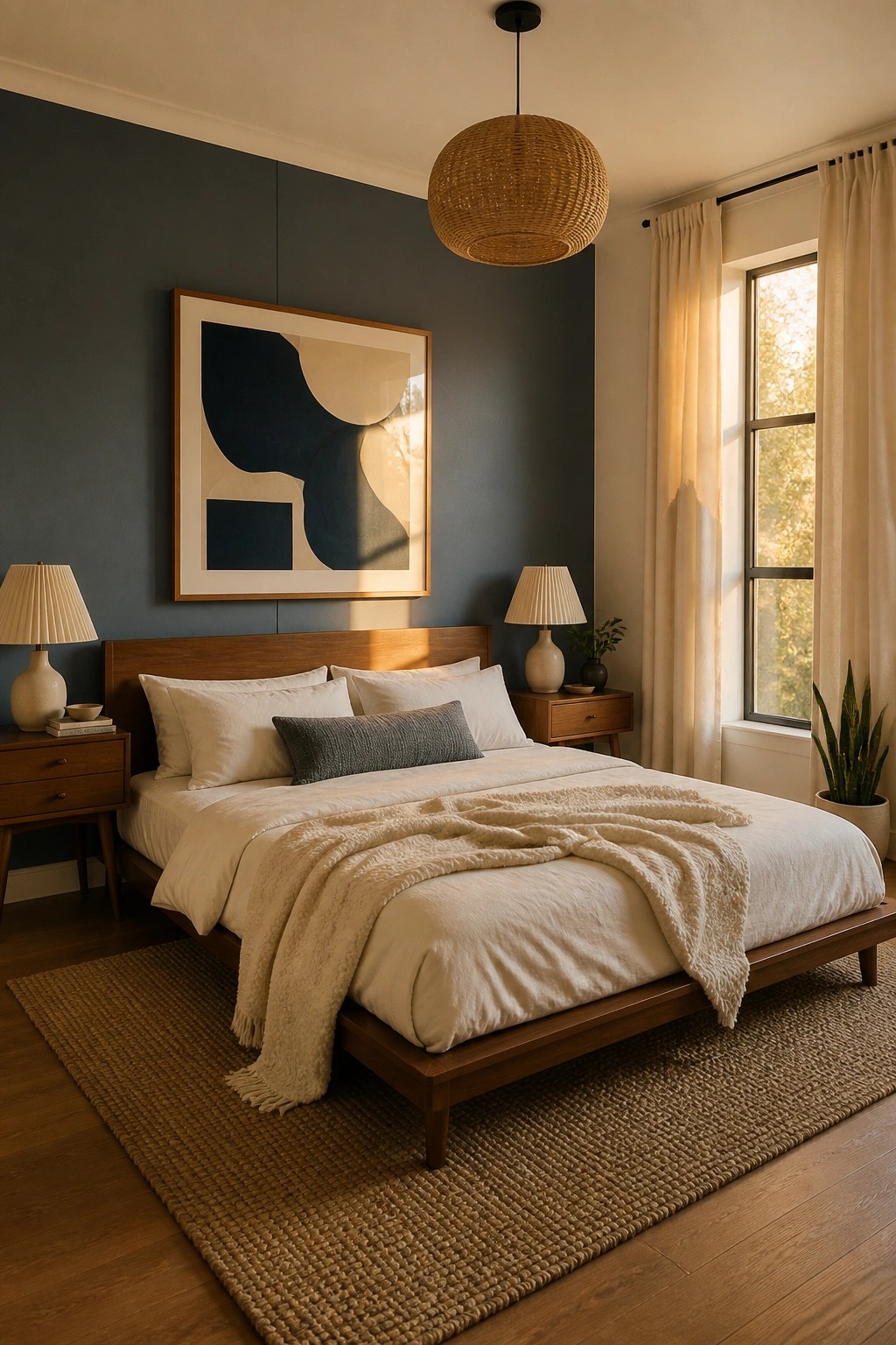 A bedroom with deep blue gray walls and a wooden bed frame.