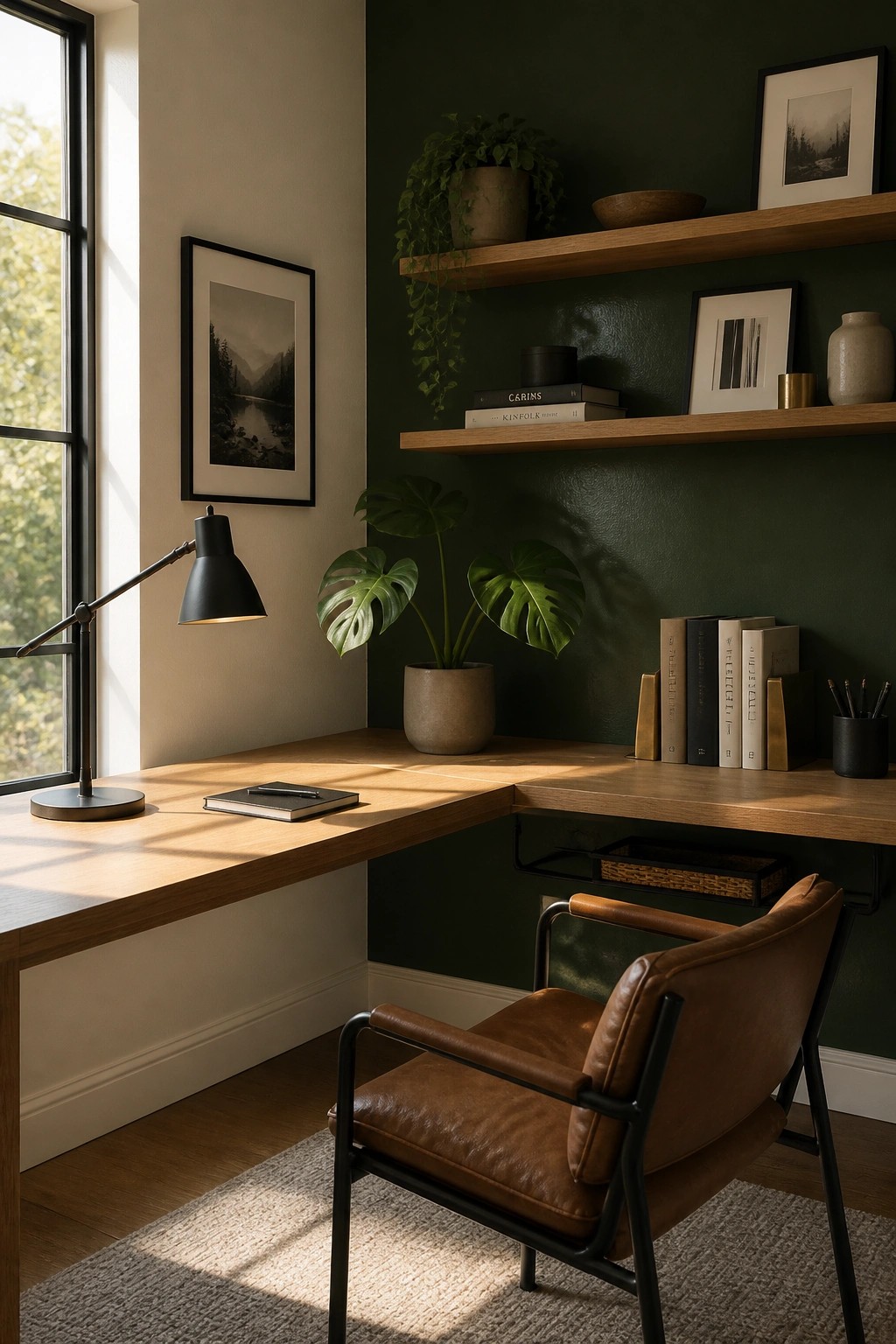 A dark green painted wall behind a wooden desk and shelves in a home office.