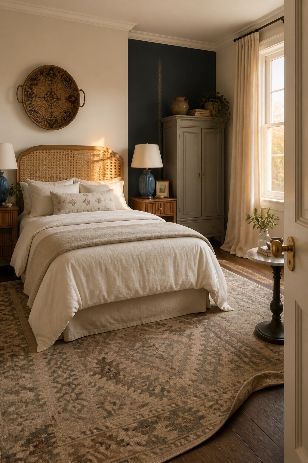 A bedroom featuring a deep navy accent wall behind the bed with light neutral bedding and wood furniture.
