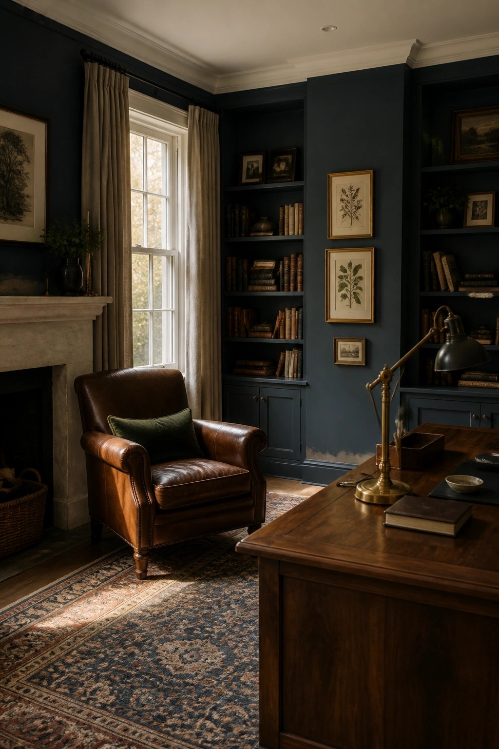 Deep navy blue walls with built-in bookshelves in a home study.