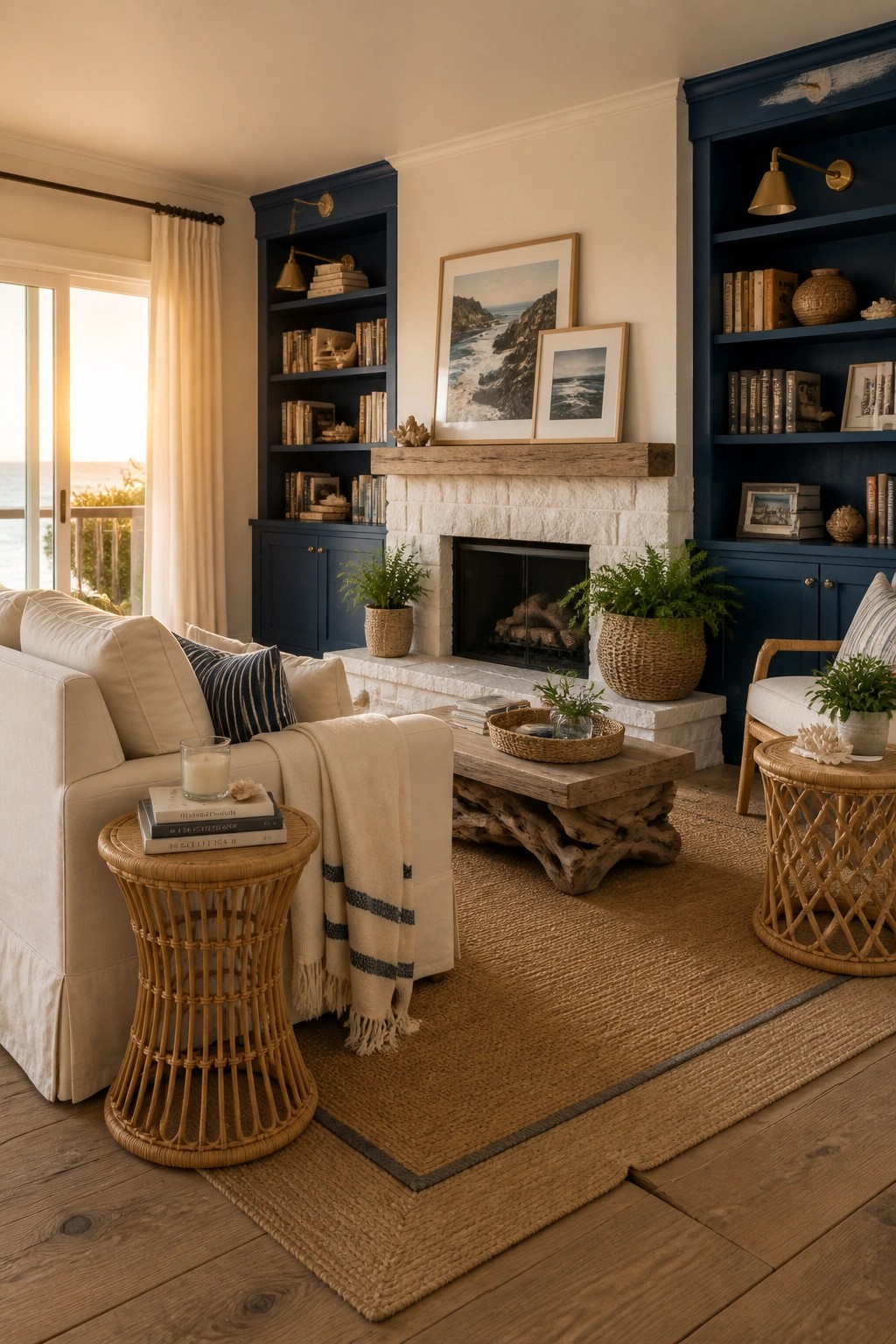 Built-in shelves and cabinets painted deep navy blue in a living room with a stone fireplace.