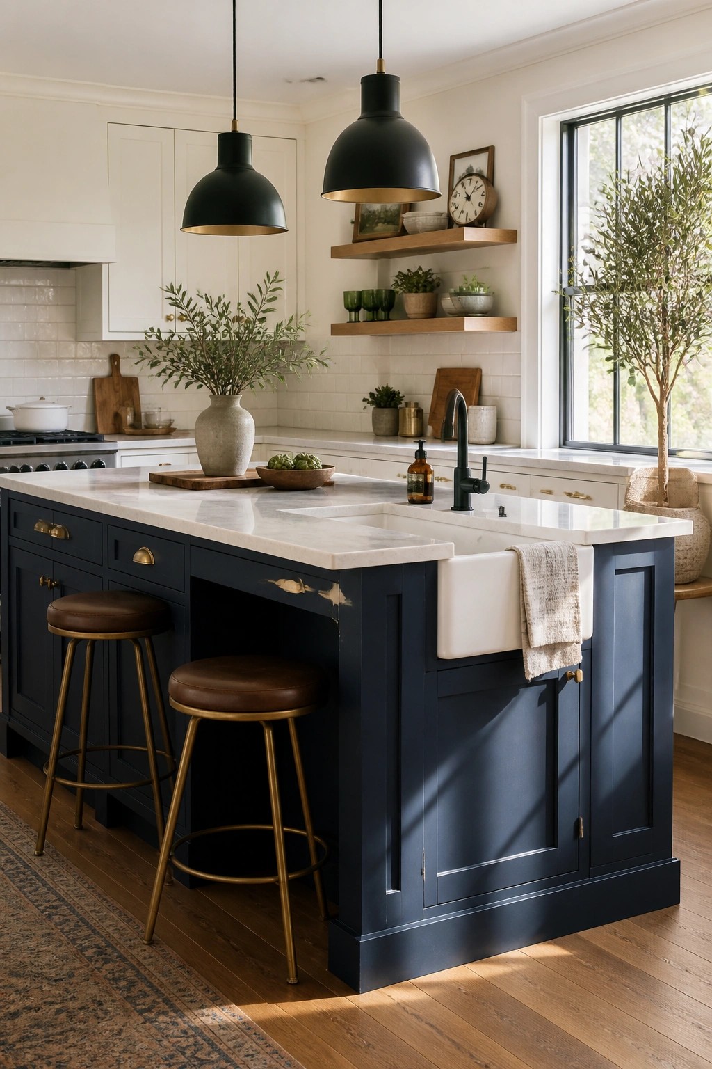 Navy blue kitchen island with white countertop and brass hardware.