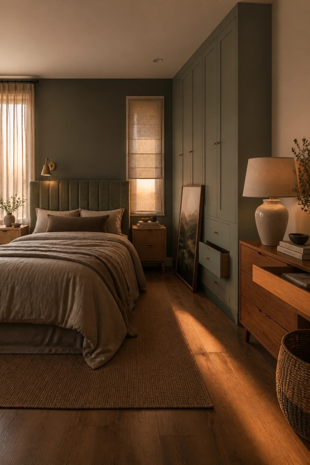 A bedroom with deep sage green walls and wood flooring.
