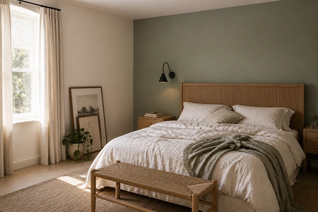 23 Chic Wall Color Combinations Using Neutrals, Greens, Blues, and Warm Whites A bedroom with soft sage green walls and a wooden bed.