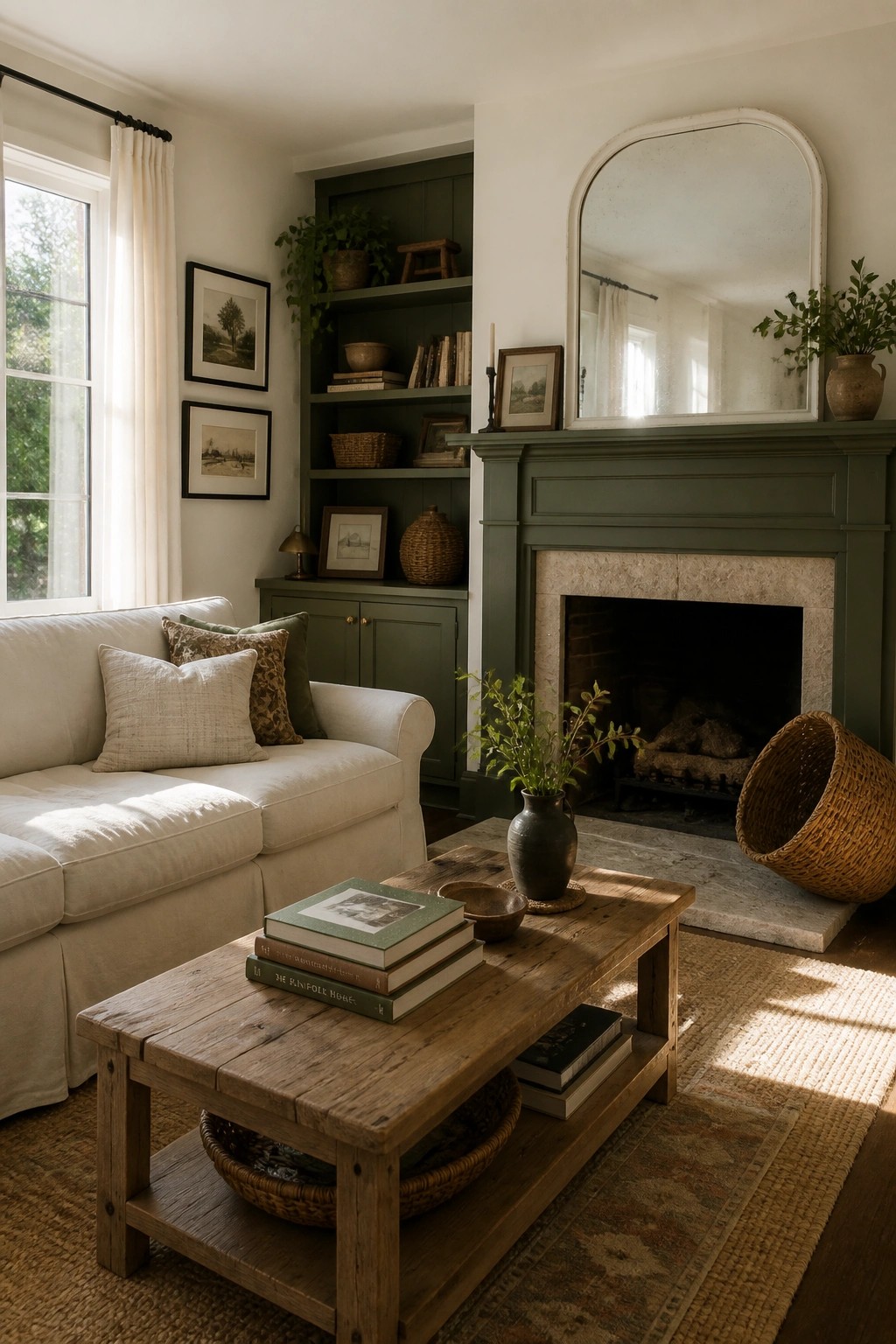 A living room fireplace and built-in shelves painted in a deep muted green.