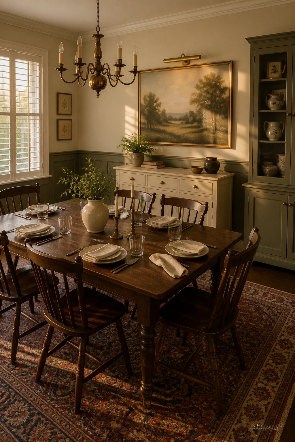 A dining room with muted sage green walls and a wooden table set with white dishes.