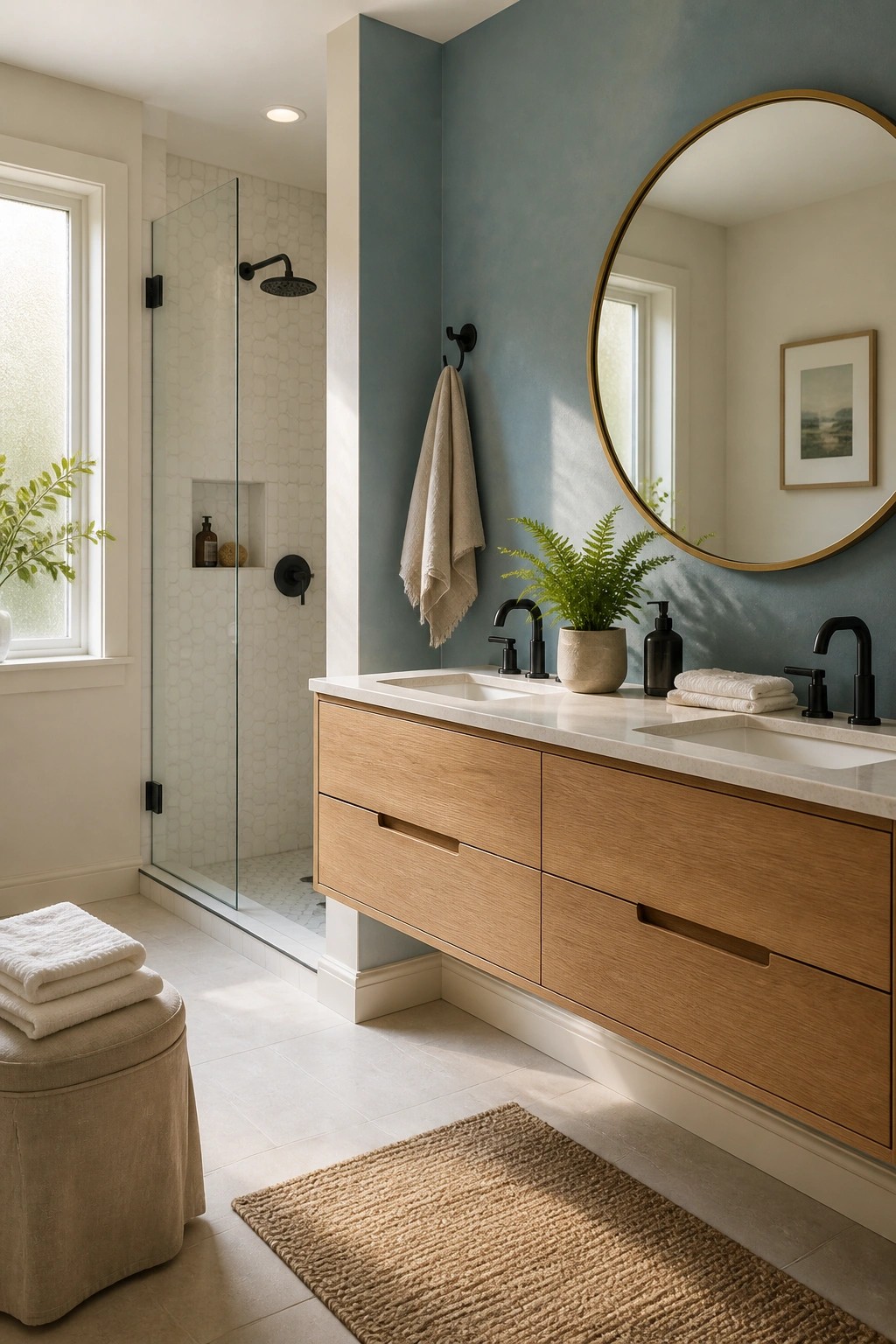 A soft blue wall behind a floating wood vanity in a bathroom.