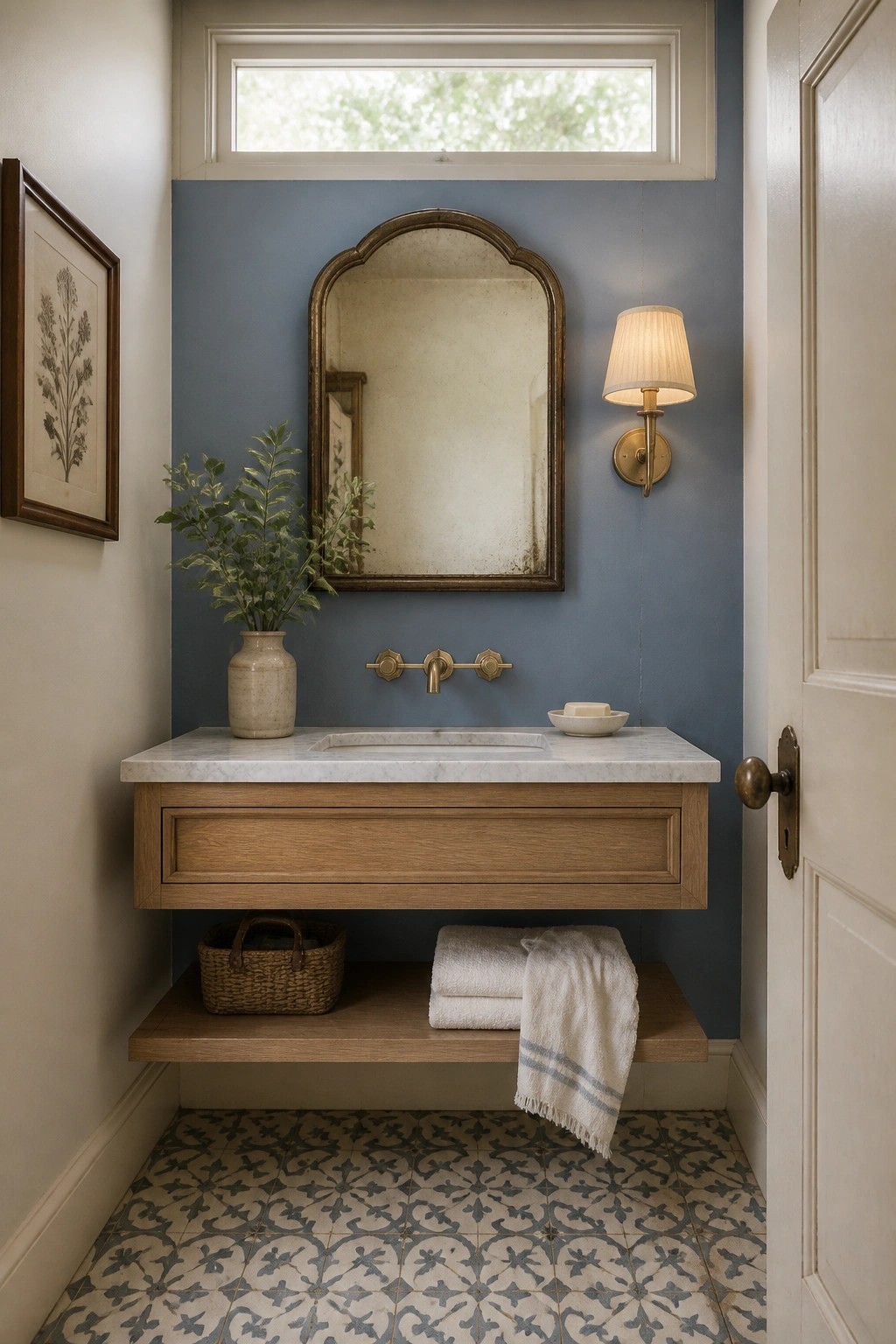 Bathroom walls painted in a soft blue gray with a wood vanity and marble top.