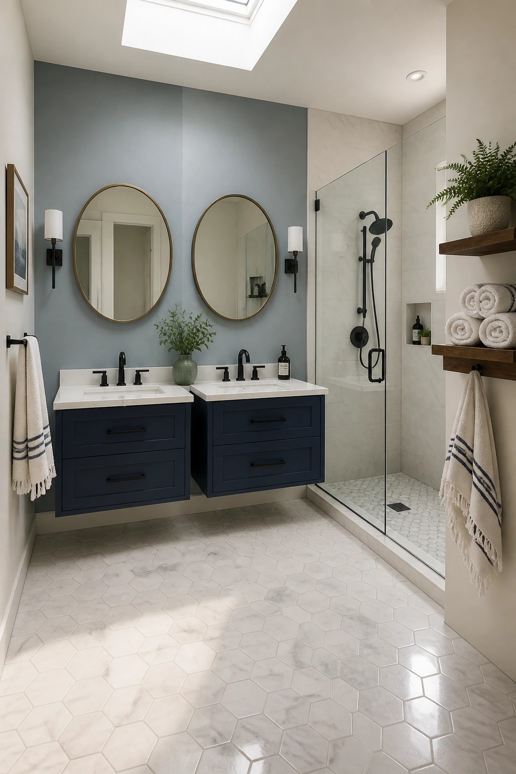 Modern bathroom with navy double vanity, round mirrors, glass shower, and marble hex floor.